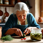 A rustic kitchen scene with a Polish grandmother expertly preparing traditional fermented pickles (kiszonki). Focus on the natural ingredients, earthenware crocks, and the grandmother's experienced hands. Include dill, garlic, horseradish, and other traditional spices.