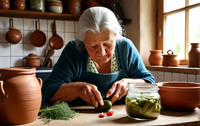 A rustic kitchen scene with a Polish grandmother expertly preparing traditional fermented pickles (kiszonki). Focus on the natural ingredients, earthenware crocks, and the grandmother's experienced hands. Include dill, garlic, horseradish, and other traditional spices.