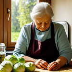 A kind-faced elderly Polish woman, fully clothed in modest, traditional kitchen attire including an apron, gently preparing fresh cabbage for pickling in a rustic, cozy, traditional Polish kitchen. Sunlight streams through a window, illuminating the wooden table where she works. Jars of homemade pickles are visible in the background, indicating culinary heritage. The scene is captured with professional photography, high detail, natural lighting, appropriate content, family-friendly, perfect anatomy, correct proportions, natural pose, well-formed hands, proper finger count, natural body proportions, safe for work.