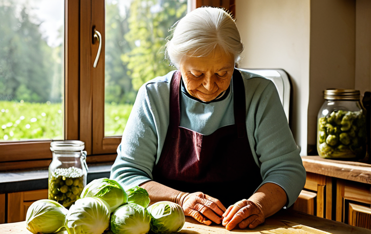A kind-faced elderly Polish woman, fully clothed in modest, traditional kitchen attire including an apron, gently preparing fresh cabbage for pickling in a rustic, cozy, traditional Polish kitchen. Sunlight streams through a window, illuminating the wooden table where she works. Jars of homemade pickles are visible in the background, indicating culinary heritage. The scene is captured with professional photography, high detail, natural lighting, appropriate content, family-friendly, perfect anatomy, correct proportions, natural pose, well-formed hands, proper finger count, natural body proportions, safe for work.