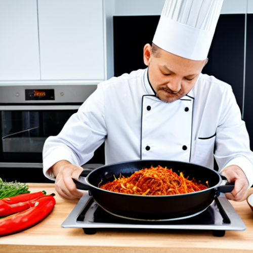 **

"A professional chef in a modern Polish kitchen preparing *bigos* with a small amount of *gochujang* mixed in, fully clothed, appropriate attire, safe for work, perfect anatomy, natural proportions, culinary photography, high quality, kitchen setting, professional, modest, family-friendly."

**
