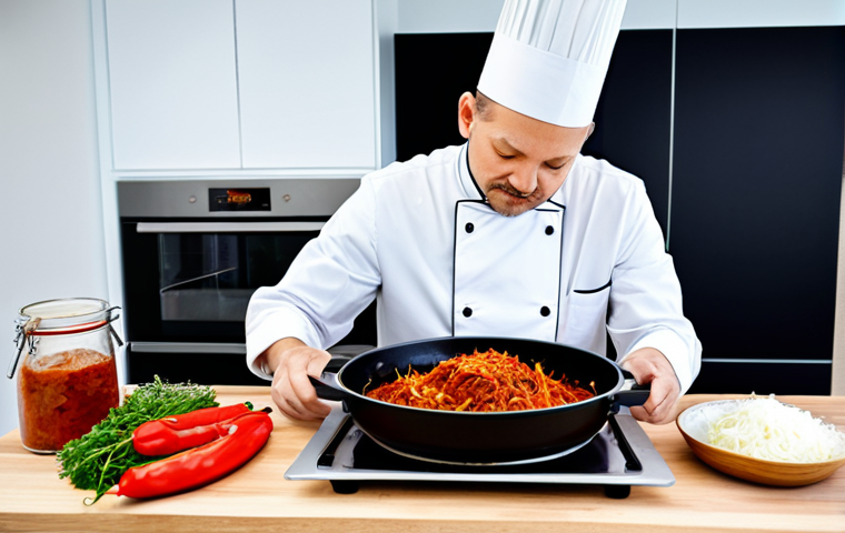 **
"A professional chef in a modern Polish kitchen preparing *bigos* with a small amount of *gochujang* mixed in, fully clothed, appropriate attire, safe for work, perfect anatomy, natural proportions, culinary photography, high quality, kitchen setting, professional, modest, family-friendly."
**