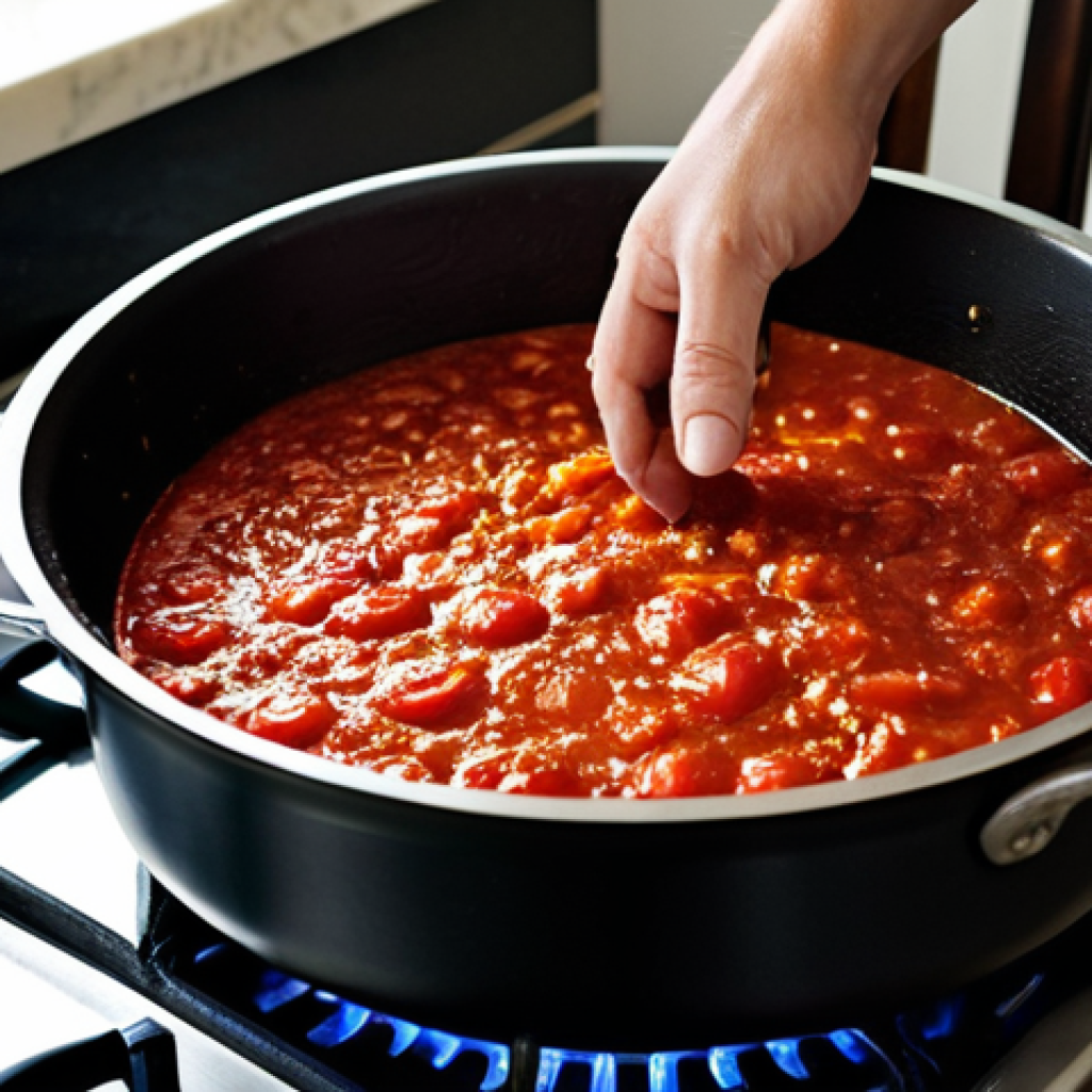 전통 장류 자가 제조를 위한 동기 부여 - Rustic Tomato Sauce Preparation**

"A warmly lit kitchen scene featuring a large pot of homemade tom...