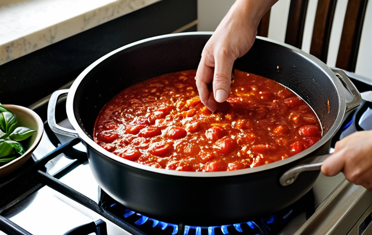 전통 장류 자가 제조를 위한 동기 부여 - Rustic Tomato Sauce Preparation**

"A warmly lit kitchen scene featuring a large pot of homemade tom...