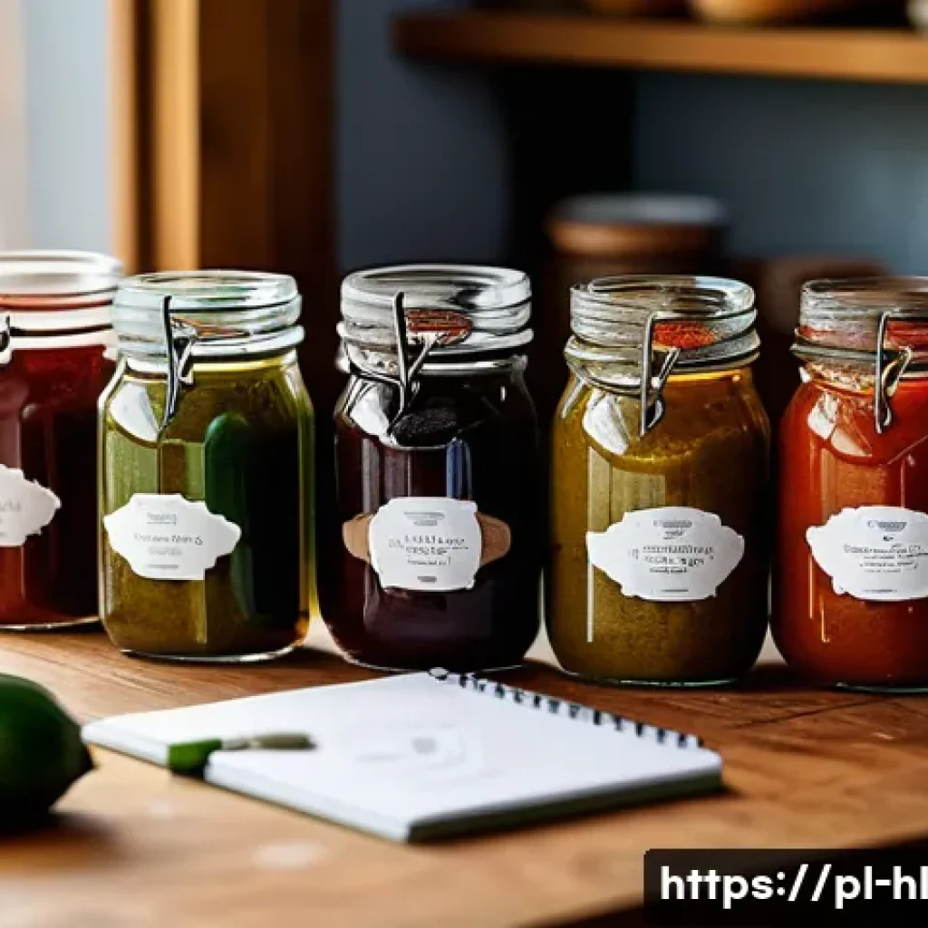 전통 장류 자가 제조를 위한 맛 평가법 - A rustic kitchen scene showcasing a variety of fermented sauces in glass jars with visible vegetable...