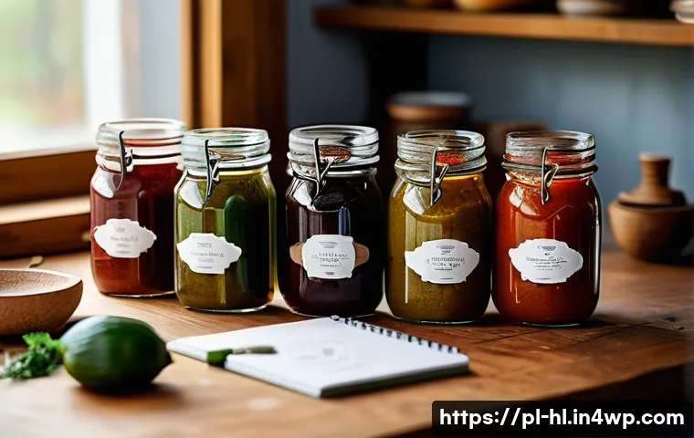 전통 장류 자가 제조를 위한 맛 평가법 - A rustic kitchen scene showcasing a variety of fermented sauces in glass jars with visible vegetable...