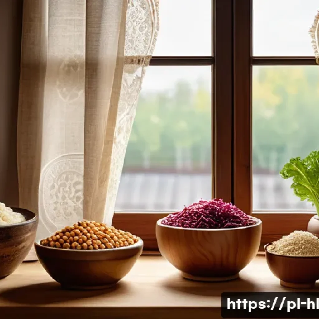 전통 장류의 건강 효능 - A vibrant, cozy Polish kitchen scene featuring a rustic wooden table with traditional fermented soy ...