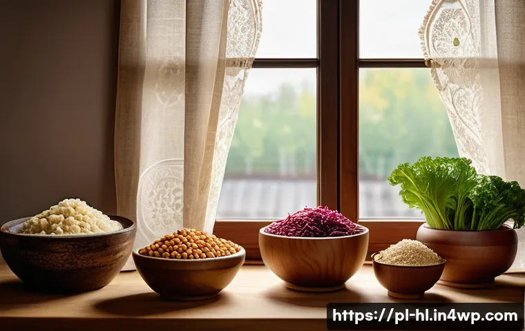전통 장류의 건강 효능 - A vibrant, cozy Polish kitchen scene featuring a rustic wooden table with traditional fermented soy ...