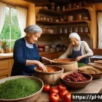 전통 장류 자가 제조의 문화적 가치 - A rustic Polish kitchen scene featuring an elderly woman and her granddaughter preparing traditional...