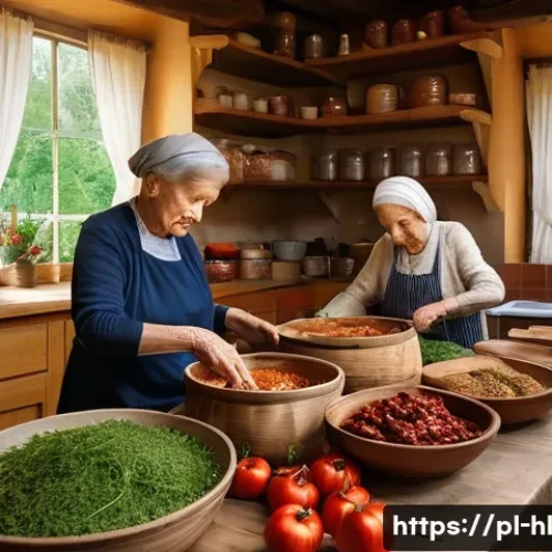 전통 장류 자가 제조의 문화적 가치 - A rustic Polish kitchen scene featuring an elderly woman and her granddaughter preparing traditional...