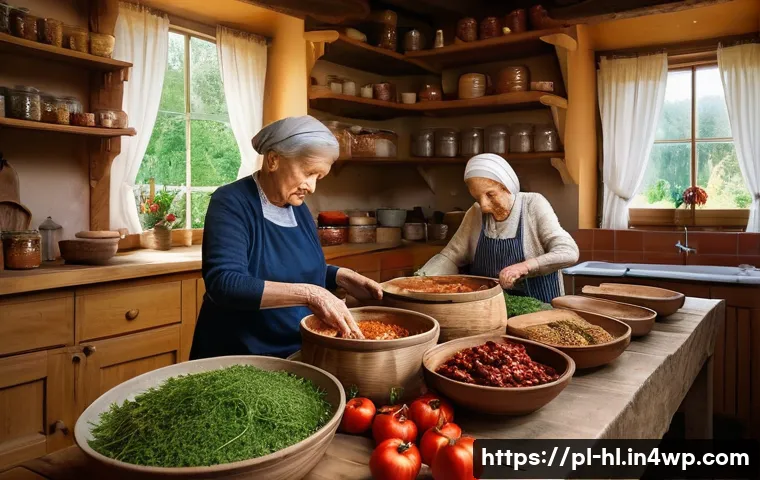 전통 장류 자가 제조의 문화적 가치 - A rustic Polish kitchen scene featuring an elderly woman and her granddaughter preparing traditional...