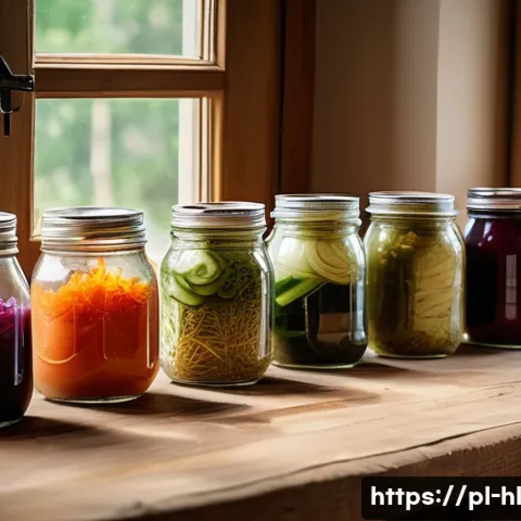 전통 장류 자가 제조의 지속 가능성 - A cozy Polish kitchen scene featuring a rustic wooden table with various jars of homemade fermented ...