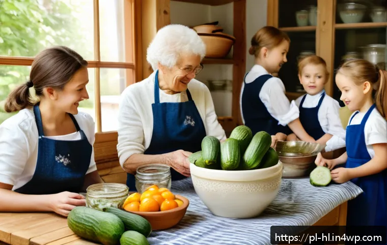 전통 장류 자가 제조와 가족의 역할 - A warm, cozy Polish family kitchen scene with multiple generations—grandparents, parents, and childr...