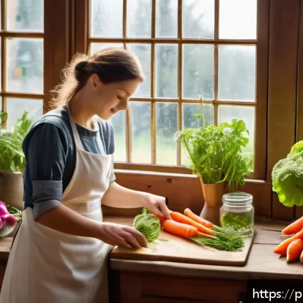 전통 장류 자가 제조 시 주의할 점 - A bright and cozy kitchen scene featuring a person carefully washing fresh, local vegetables and her...