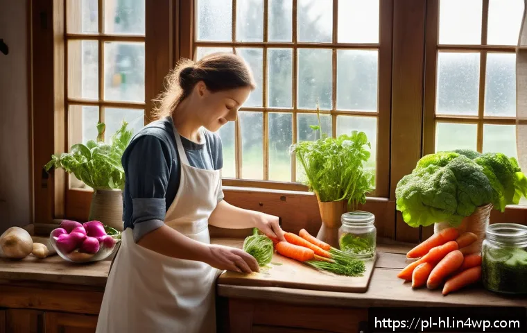 전통 장류 자가 제조 시 주의할 점 - A bright and cozy kitchen scene featuring a person carefully washing fresh, local vegetables and her...